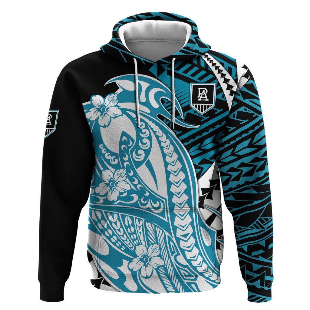 Personalized Port Adelaide Power Hoodie Polynesian Tribal Lightning Bolt Mascot With Hibiscus Floral Art