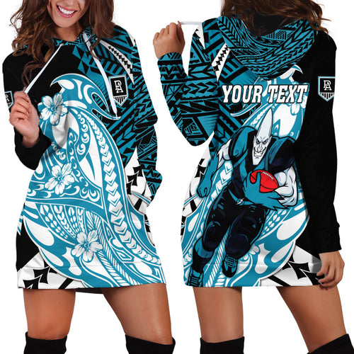 Personalized Port Adelaide Power Hoodie Dress Polynesian Tribal Lightning Bolt Mascot With Hibiscus Floral Art