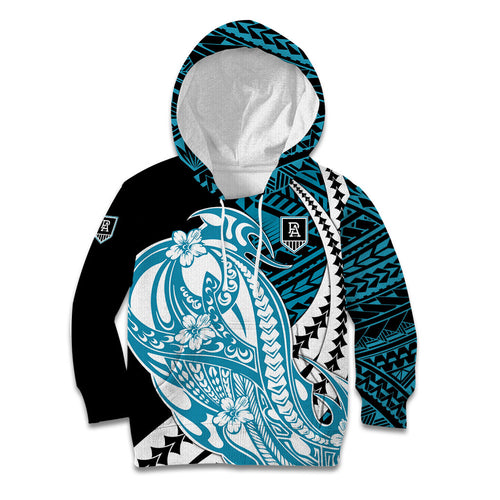 Personalized Port Adelaide Power Kid Hoodie Polynesian Tribal Lightning Bolt Mascot With Hibiscus Floral Art