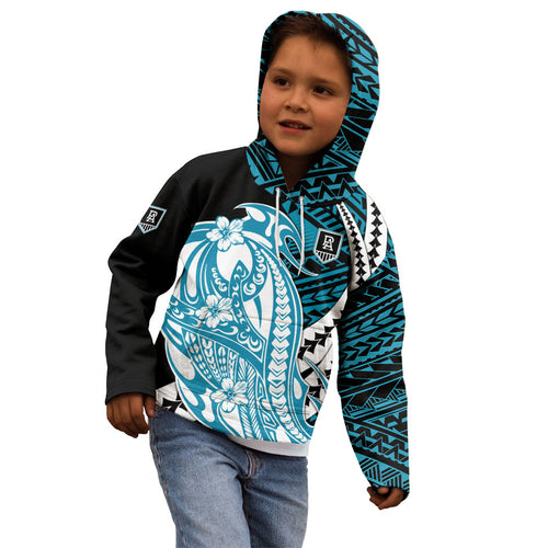 Personalized Port Adelaide Power Kid Hoodie Polynesian Tribal Lightning Bolt Mascot With Hibiscus Floral Art