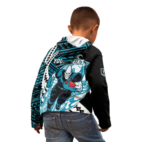 Personalized Port Adelaide Power Kid Hoodie Polynesian Tribal Lightning Bolt Mascot With Hibiscus Floral Art