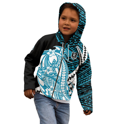 Personalized Port Adelaide Power Kid Hoodie Polynesian Tribal Lightning Bolt Mascot With Hibiscus Floral Art