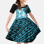 Personalized Port Adelaide Power Kid Short Sleeve Dress Polynesian Tribal Lightning Bolt Mascot With Hibiscus Floral Art