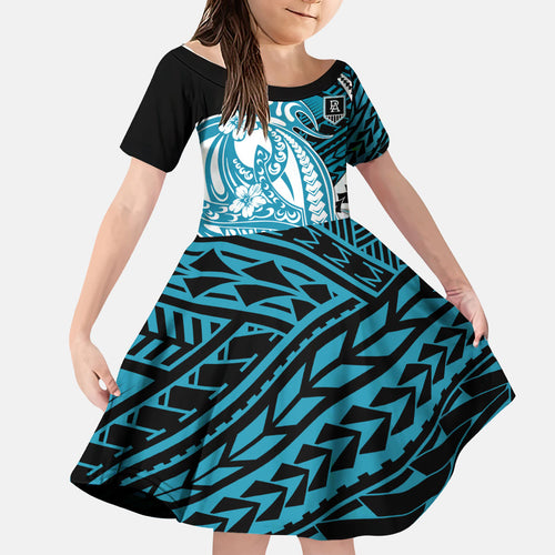 Personalized Port Adelaide Power Kid Short Sleeve Dress Polynesian Tribal Lightning Bolt Mascot With Hibiscus Floral Art