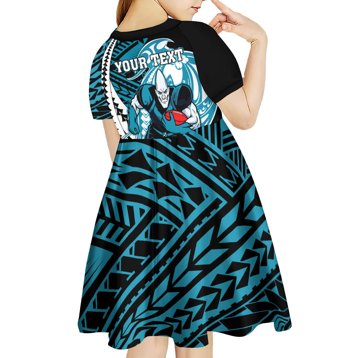 Personalized Port Adelaide Power Kid Short Sleeve Dress Polynesian Tribal Lightning Bolt Mascot With Hibiscus Floral Art