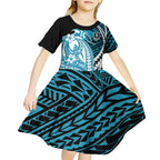 Personalized Port Adelaide Power Kid Short Sleeve Dress Polynesian Tribal Lightning Bolt Mascot With Hibiscus Floral Art