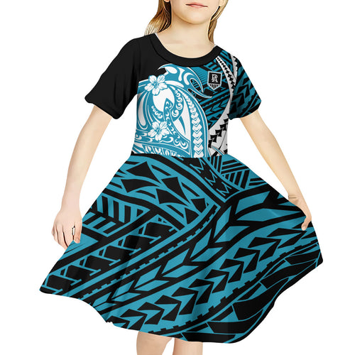 Personalized Port Adelaide Power Kid Short Sleeve Dress Polynesian Tribal Lightning Bolt Mascot With Hibiscus Floral Art
