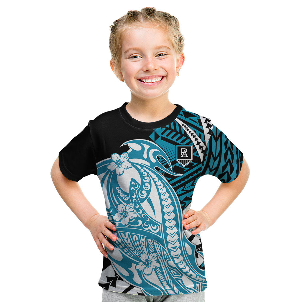 Personalized Port Adelaide Power Kid T Shirt Polynesian Tribal Lightning Bolt Mascot With Hibiscus Floral Art