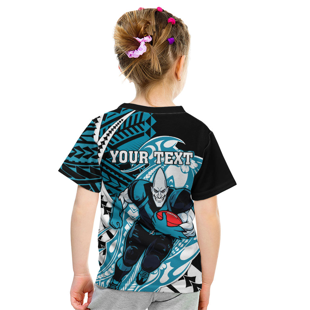 Personalized Port Adelaide Power Kid T Shirt Polynesian Tribal Lightning Bolt Mascot With Hibiscus Floral Art