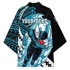 Personalized Port Adelaide Power Kimono Polynesian Tribal Lightning Bolt Mascot With Hibiscus Floral Art