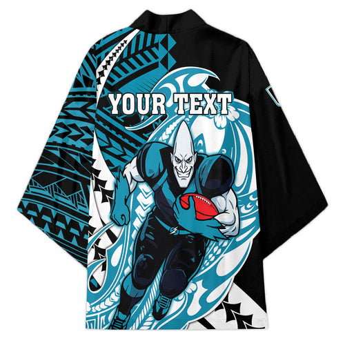 Personalized Port Adelaide Power Kimono Polynesian Tribal Lightning Bolt Mascot With Hibiscus Floral Art