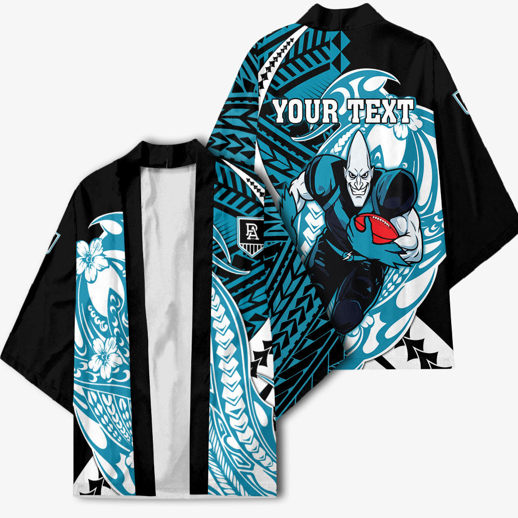 Personalized Port Adelaide Power Kimono Polynesian Tribal Lightning Bolt Mascot With Hibiscus Floral Art