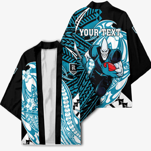 Personalized Port Adelaide Power Kimono Polynesian Tribal Lightning Bolt Mascot With Hibiscus Floral Art