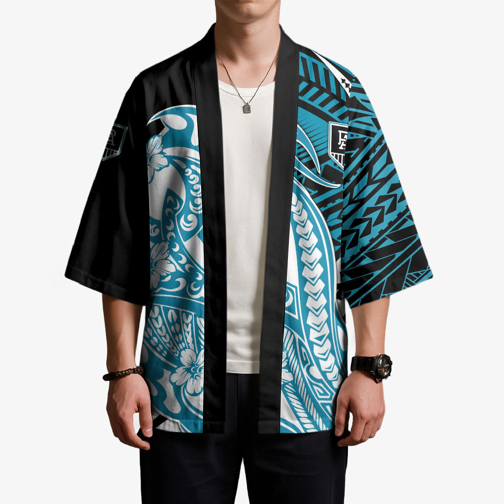 Personalized Port Adelaide Power Kimono Polynesian Tribal Lightning Bolt Mascot With Hibiscus Floral Art