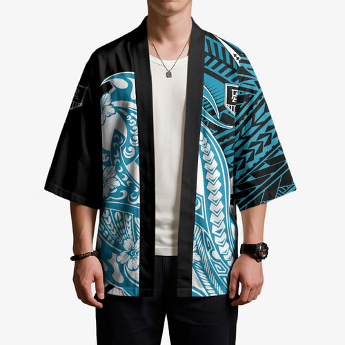 Personalized Port Adelaide Power Kimono Polynesian Tribal Lightning Bolt Mascot With Hibiscus Floral Art