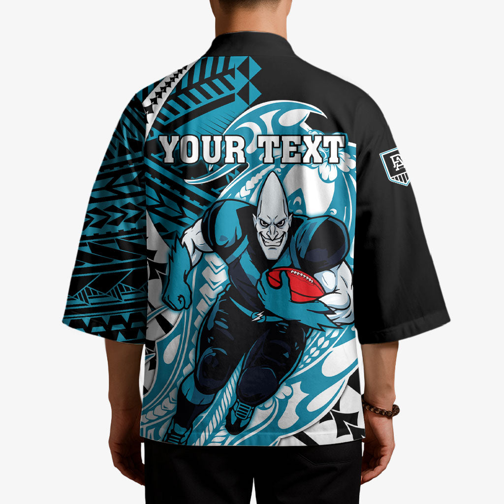 Personalized Port Adelaide Power Kimono Polynesian Tribal Lightning Bolt Mascot With Hibiscus Floral Art