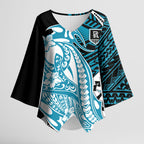 Personalized Port Adelaide Power Kimono Sleeve Blouse Polynesian Tribal Lightning Bolt Mascot With Hibiscus Floral Art