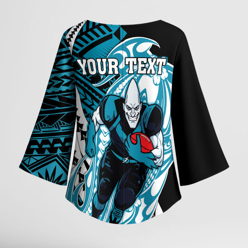 Personalized Port Adelaide Power Kimono Sleeve Blouse Polynesian Tribal Lightning Bolt Mascot With Hibiscus Floral Art