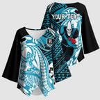 Personalized Port Adelaide Power Kimono Sleeve Blouse Polynesian Tribal Lightning Bolt Mascot With Hibiscus Floral Art