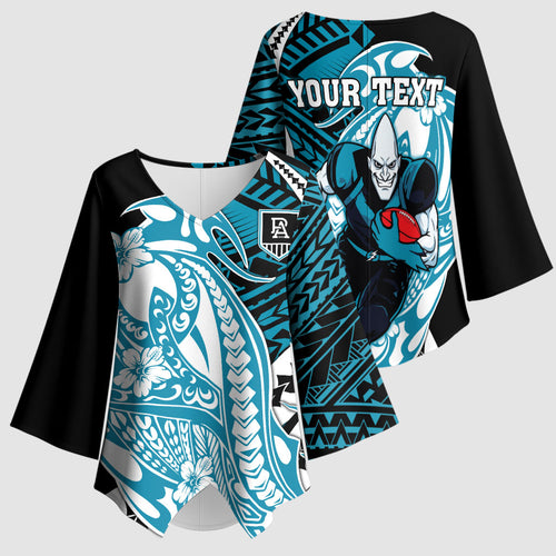Personalized Port Adelaide Power Kimono Sleeve Blouse Polynesian Tribal Lightning Bolt Mascot With Hibiscus Floral Art