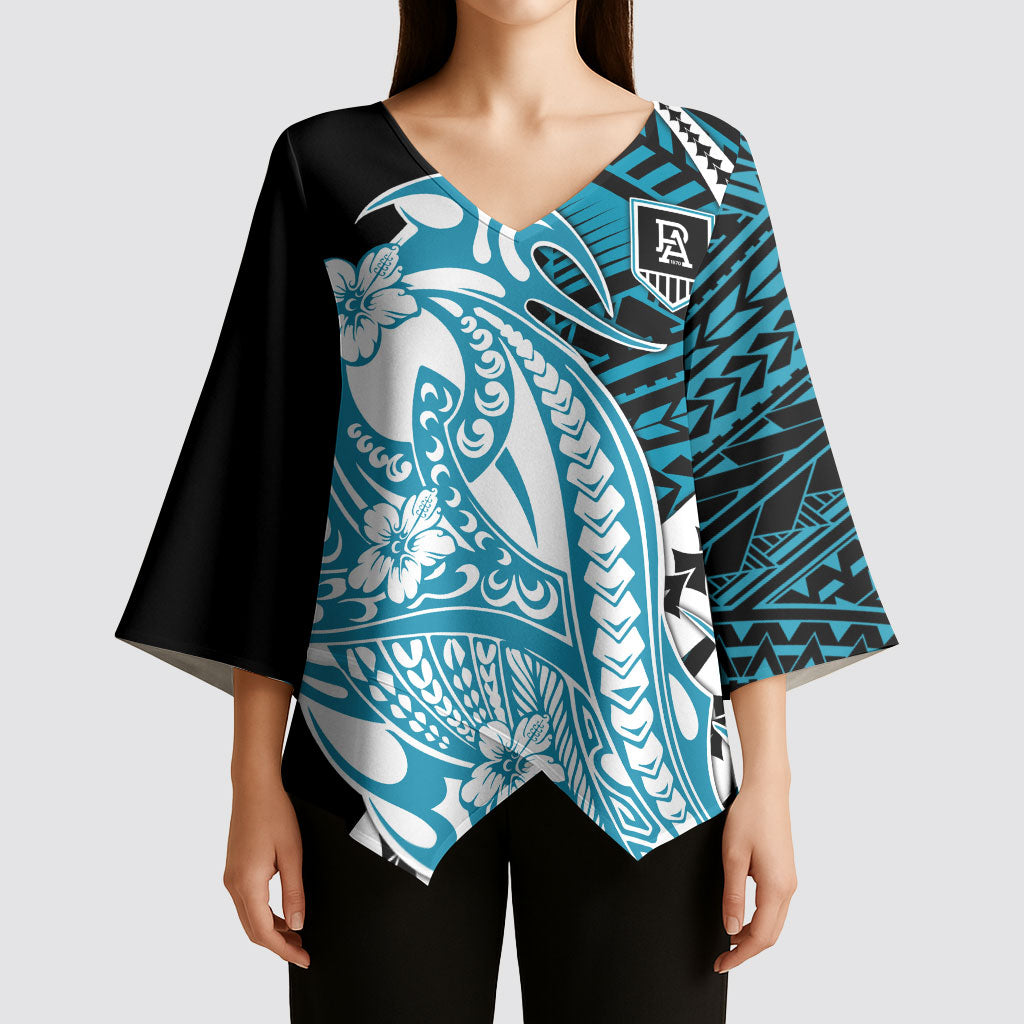 Personalized Port Adelaide Power Kimono Sleeve Blouse Polynesian Tribal Lightning Bolt Mascot With Hibiscus Floral Art