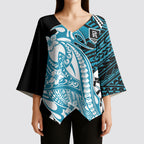 Personalized Port Adelaide Power Kimono Sleeve Blouse Polynesian Tribal Lightning Bolt Mascot With Hibiscus Floral Art
