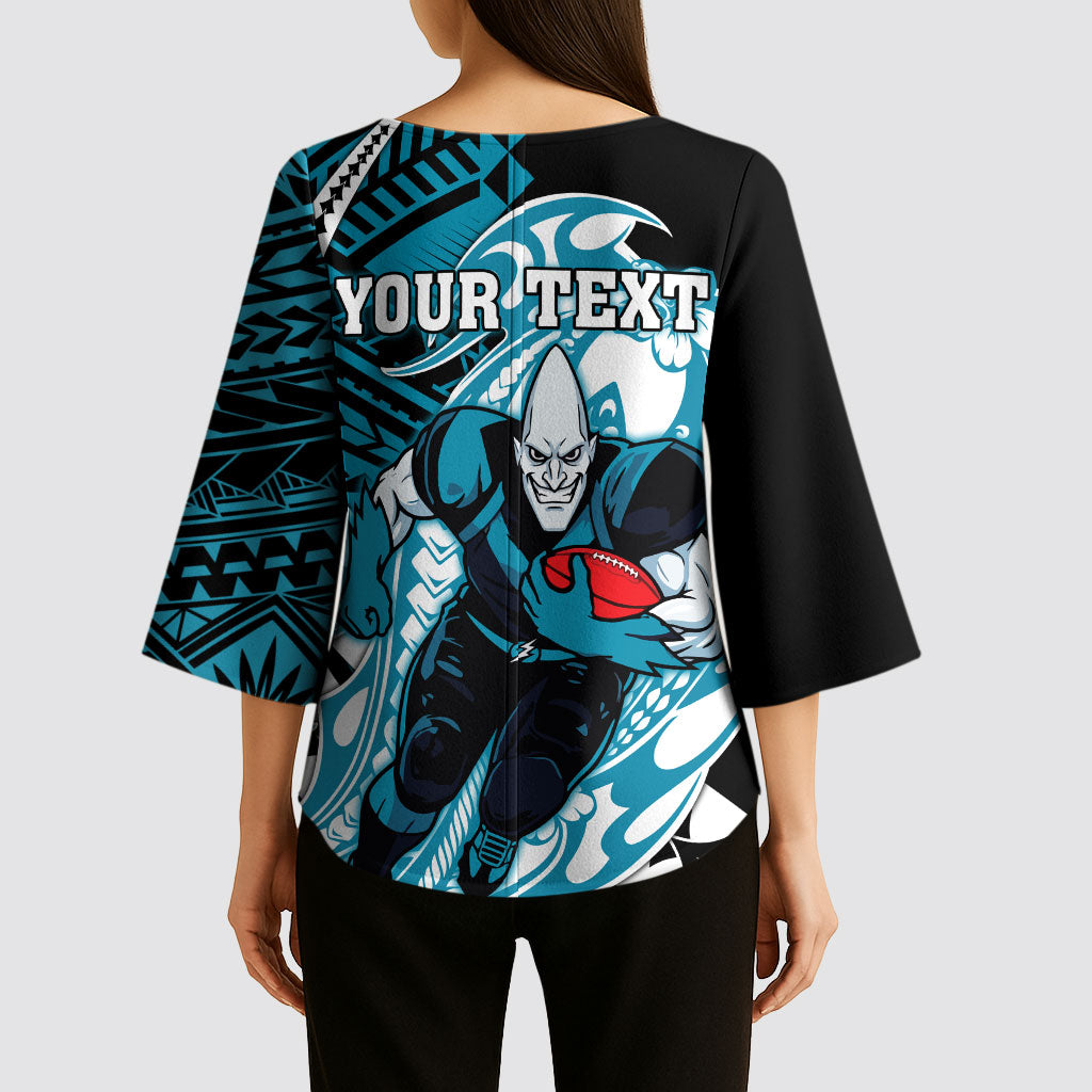 Personalized Port Adelaide Power Kimono Sleeve Blouse Polynesian Tribal Lightning Bolt Mascot With Hibiscus Floral Art