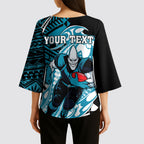 Personalized Port Adelaide Power Kimono Sleeve Blouse Polynesian Tribal Lightning Bolt Mascot With Hibiscus Floral Art