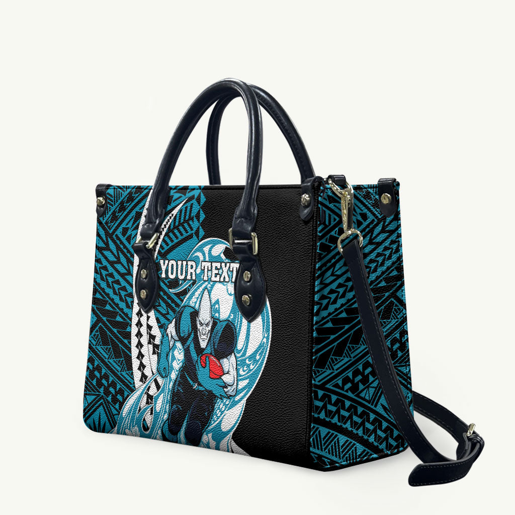Personalized Port Adelaide Power Leather Bag Polynesian Tribal Lightning Bolt Mascot With Hibiscus Floral Art