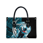 Personalized Port Adelaide Power Leather Bag Polynesian Tribal Lightning Bolt Mascot With Hibiscus Floral Art
