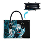 Personalized Port Adelaide Power Leather Bag Polynesian Tribal Lightning Bolt Mascot With Hibiscus Floral Art