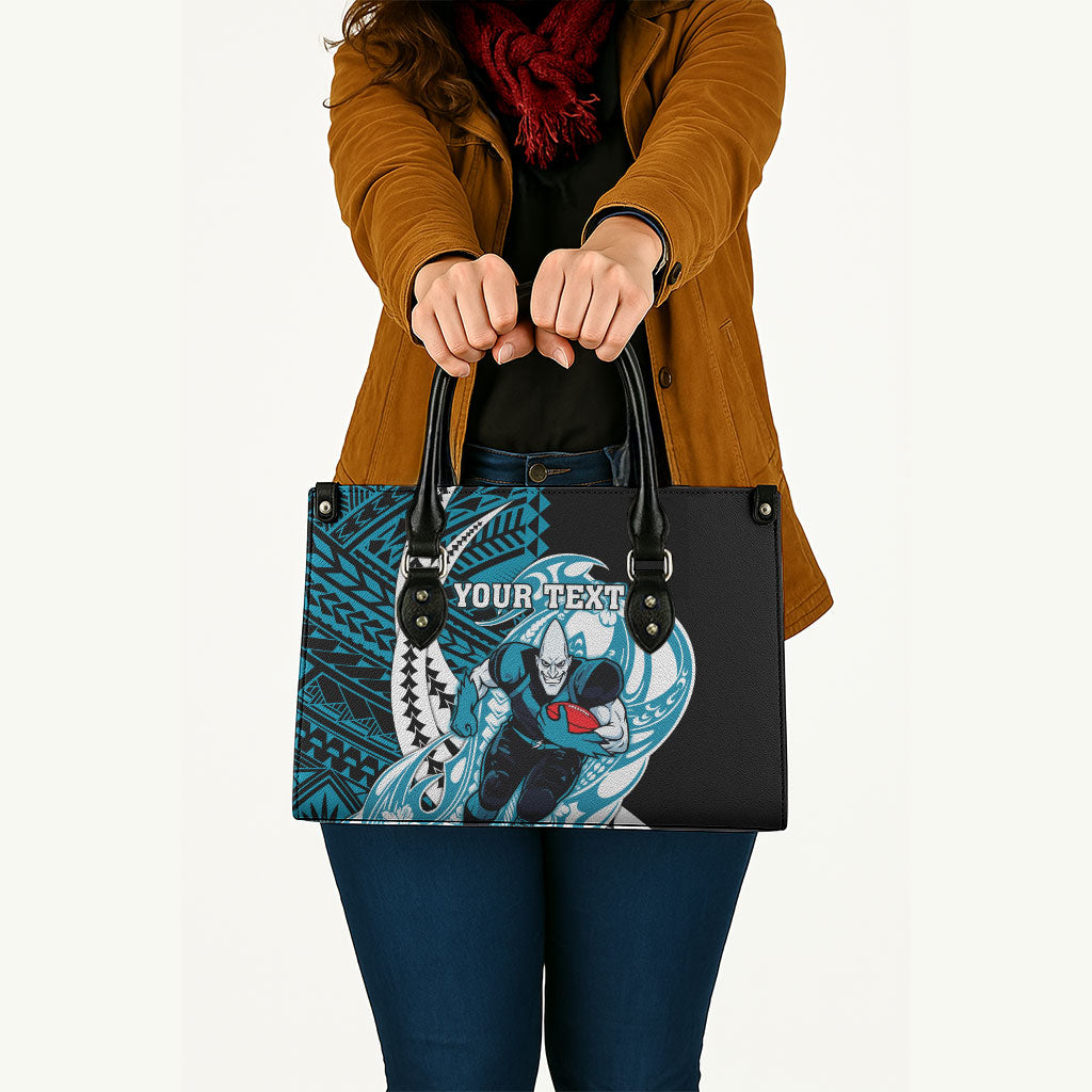 Personalized Port Adelaide Power Leather Bag Polynesian Tribal Lightning Bolt Mascot With Hibiscus Floral Art