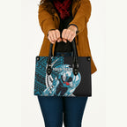 Personalized Port Adelaide Power Leather Bag Polynesian Tribal Lightning Bolt Mascot With Hibiscus Floral Art