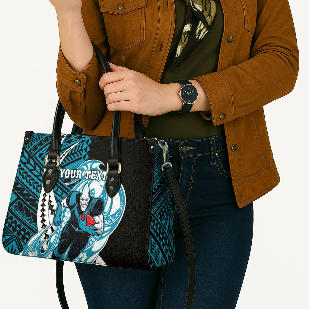 Personalized Port Adelaide Power Leather Bag Polynesian Tribal Lightning Bolt Mascot With Hibiscus Floral Art