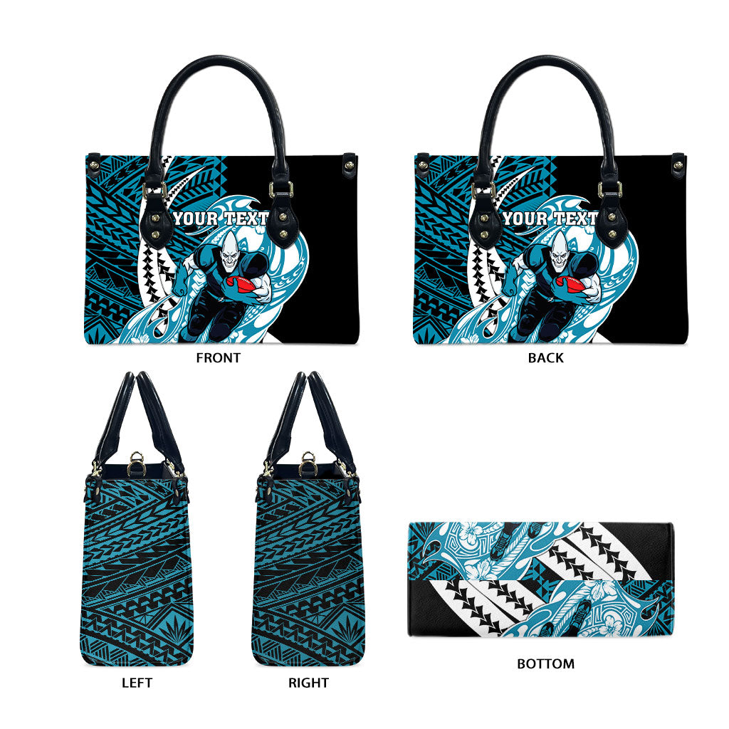 Personalized Port Adelaide Power Leather Bag Polynesian Tribal Lightning Bolt Mascot With Hibiscus Floral Art