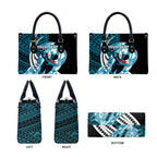 Personalized Port Adelaide Power Leather Bag Polynesian Tribal Lightning Bolt Mascot With Hibiscus Floral Art