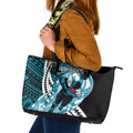 Personalized Port Adelaide Power Leather Tote Bag Polynesian Tribal Lightning Bolt Mascot With Hibiscus Floral Art