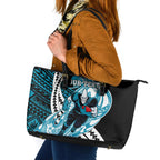Personalized Port Adelaide Power Leather Tote Bag Polynesian Tribal Lightning Bolt Mascot With Hibiscus Floral Art
