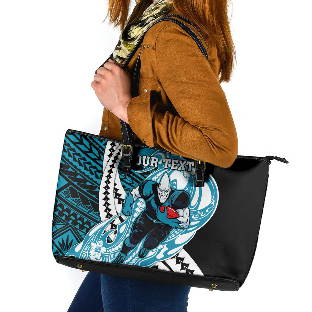 Personalized Port Adelaide Power Leather Tote Bag Polynesian Tribal Lightning Bolt Mascot With Hibiscus Floral Art