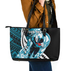 Personalized Port Adelaide Power Leather Tote Bag Polynesian Tribal Lightning Bolt Mascot With Hibiscus Floral Art