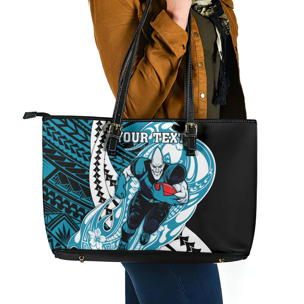 Personalized Port Adelaide Power Leather Tote Bag Polynesian Tribal Lightning Bolt Mascot With Hibiscus Floral Art