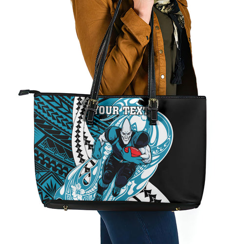 Personalized Port Adelaide Power Leather Tote Bag Polynesian Tribal Lightning Bolt Mascot With Hibiscus Floral Art