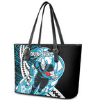 Personalized Port Adelaide Power Leather Tote Bag Polynesian Tribal Lightning Bolt Mascot With Hibiscus Floral Art