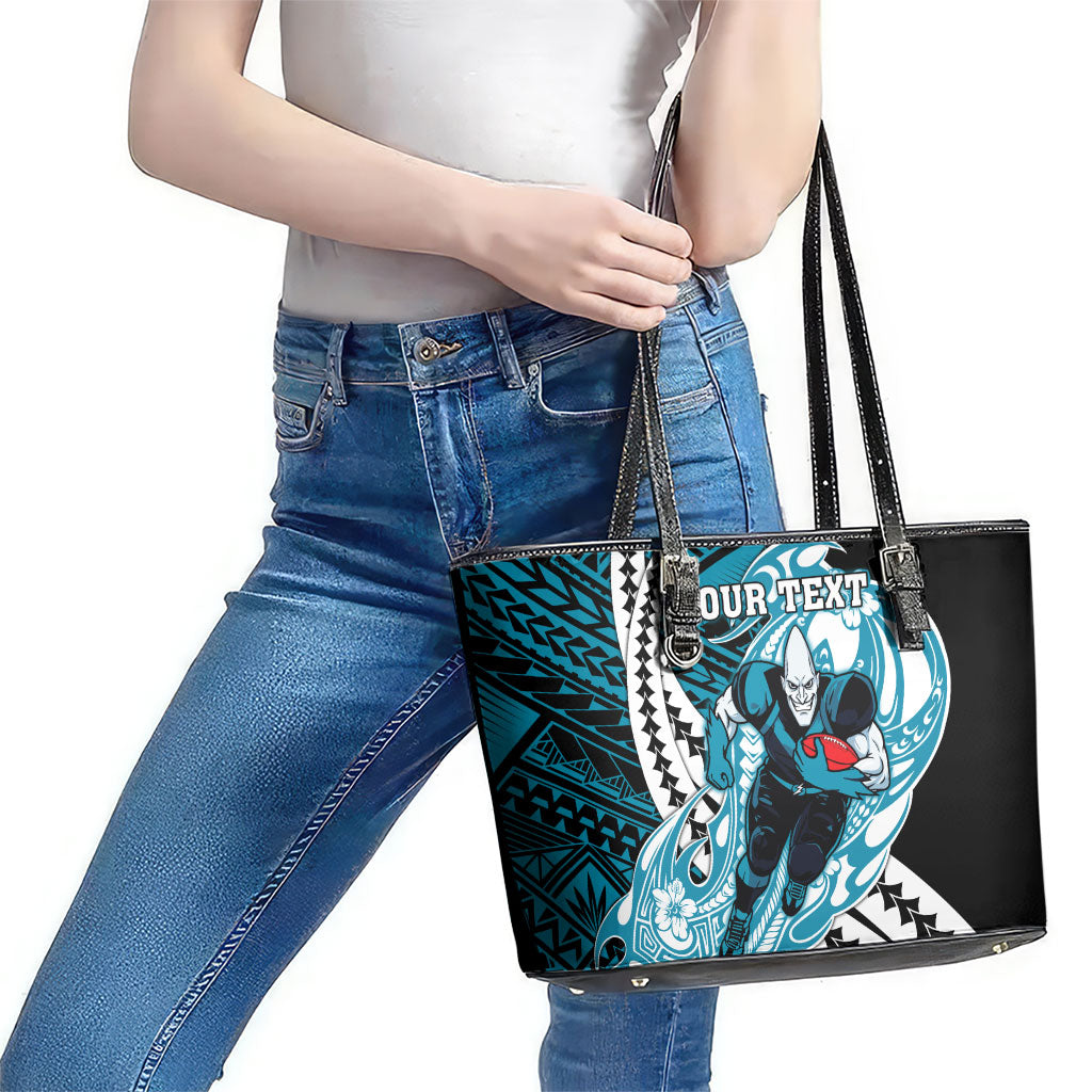 Personalized Port Adelaide Power Leather Tote Bag Polynesian Tribal Lightning Bolt Mascot With Hibiscus Floral Art