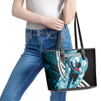 Personalized Port Adelaide Power Leather Tote Bag Polynesian Tribal Lightning Bolt Mascot With Hibiscus Floral Art