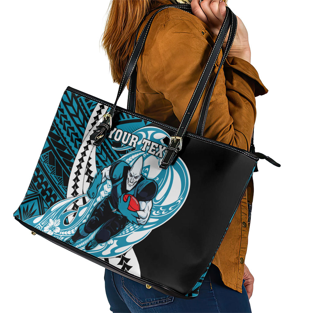 Personalized Port Adelaide Power Leather Tote Bag Polynesian Tribal Lightning Bolt Mascot With Hibiscus Floral Art