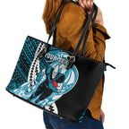 Personalized Port Adelaide Power Leather Tote Bag Polynesian Tribal Lightning Bolt Mascot With Hibiscus Floral Art