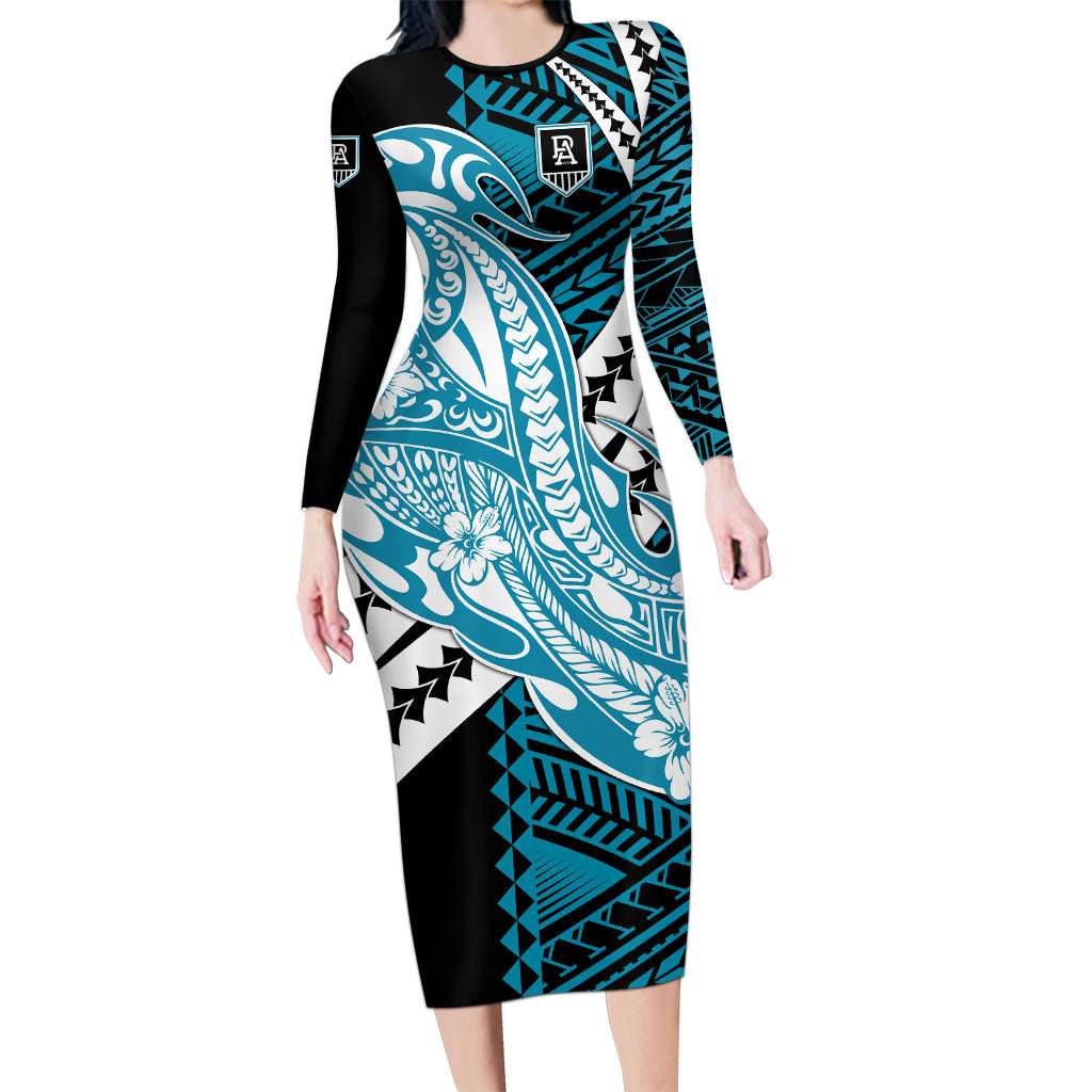 Personalized Port Adelaide Power Long Sleeve Bodycon Dress Polynesian Tribal Lightning Bolt Mascot With Hibiscus Floral Art
