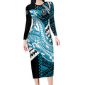 Personalized Port Adelaide Power Long Sleeve Bodycon Dress Polynesian Tribal Lightning Bolt Mascot With Hibiscus Floral Art