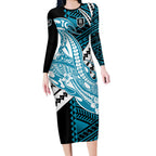 Personalized Port Adelaide Power Long Sleeve Bodycon Dress Polynesian Tribal Lightning Bolt Mascot With Hibiscus Floral Art